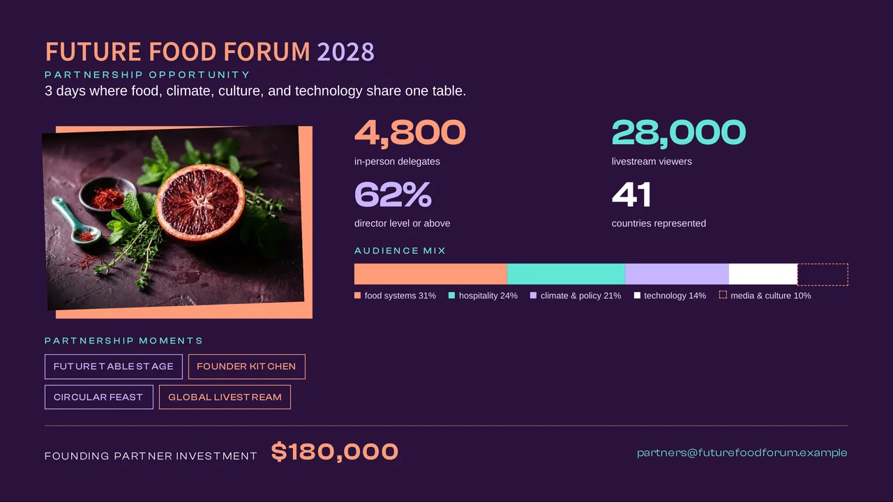Future Food Forum — Sponsorship Deck. 2027 partner reach & tier matrices.