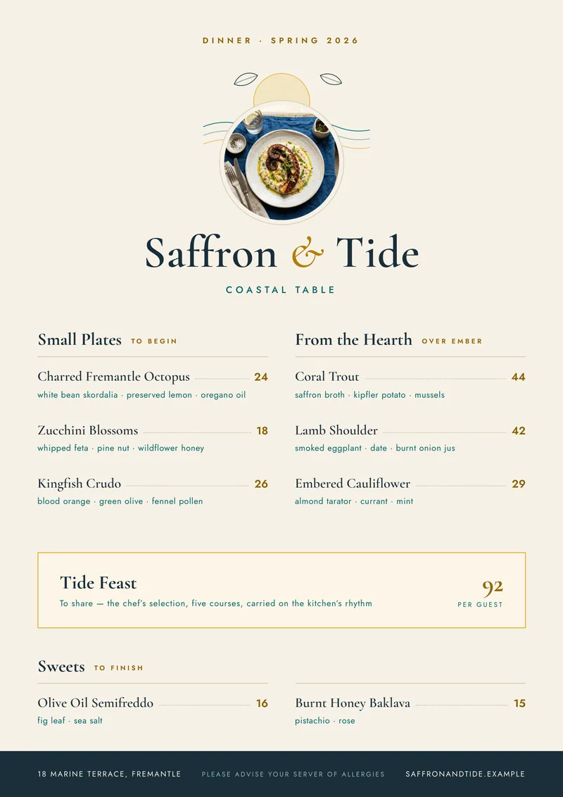 Saffron & Tide — Restaurant Menu. Coastal Mediterranean seasonal dinner menu.