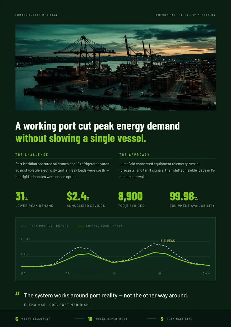 LumaGrid — Sustainability Case Study. Port peak-demand reduction & ROI proof.