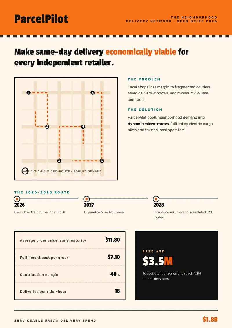 ParcelPilot — Business Plan. Seed stage unit economics & $3.5M ask.
