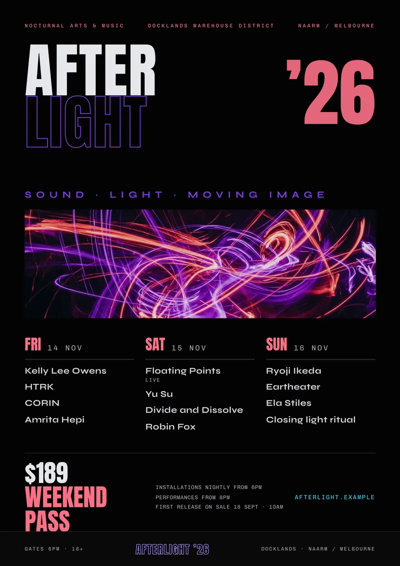 AFTERLIGHT 26 — Event Flyer. 3-night sound & light festival schedule.