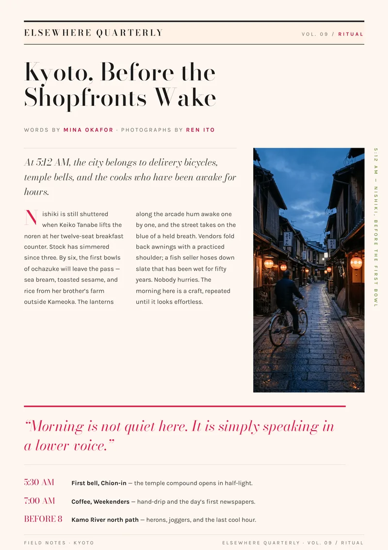 Elsewhere — Editorial Feature. Kyoto at Dawn travel essay opening.